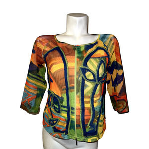 ANGEL II Top Womens Sz S Colorful Mesh Embellished 3/4 Slv Art To Wear Zip Shirt